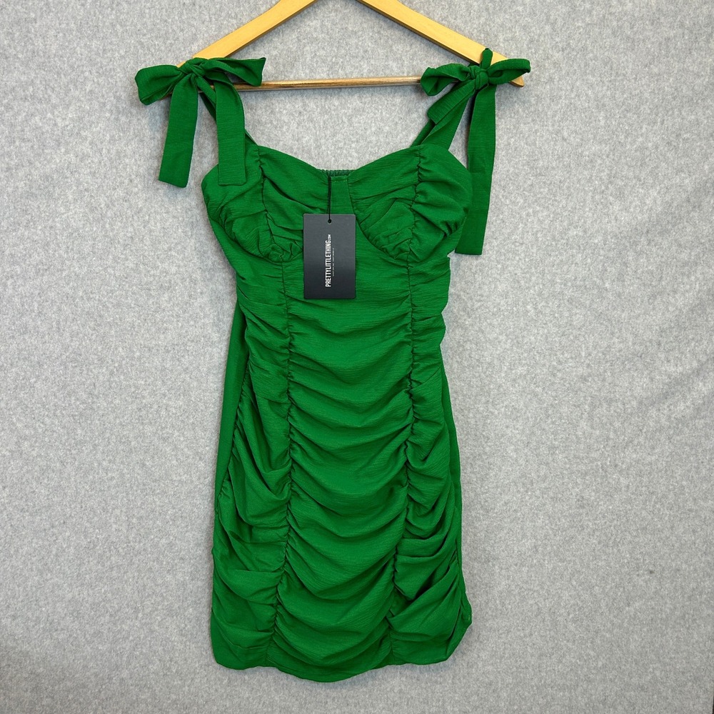 PrettyLittleThing 4 Plisse Tie Strap Bodycon Mini Dress Kelly Green Ruched NWT